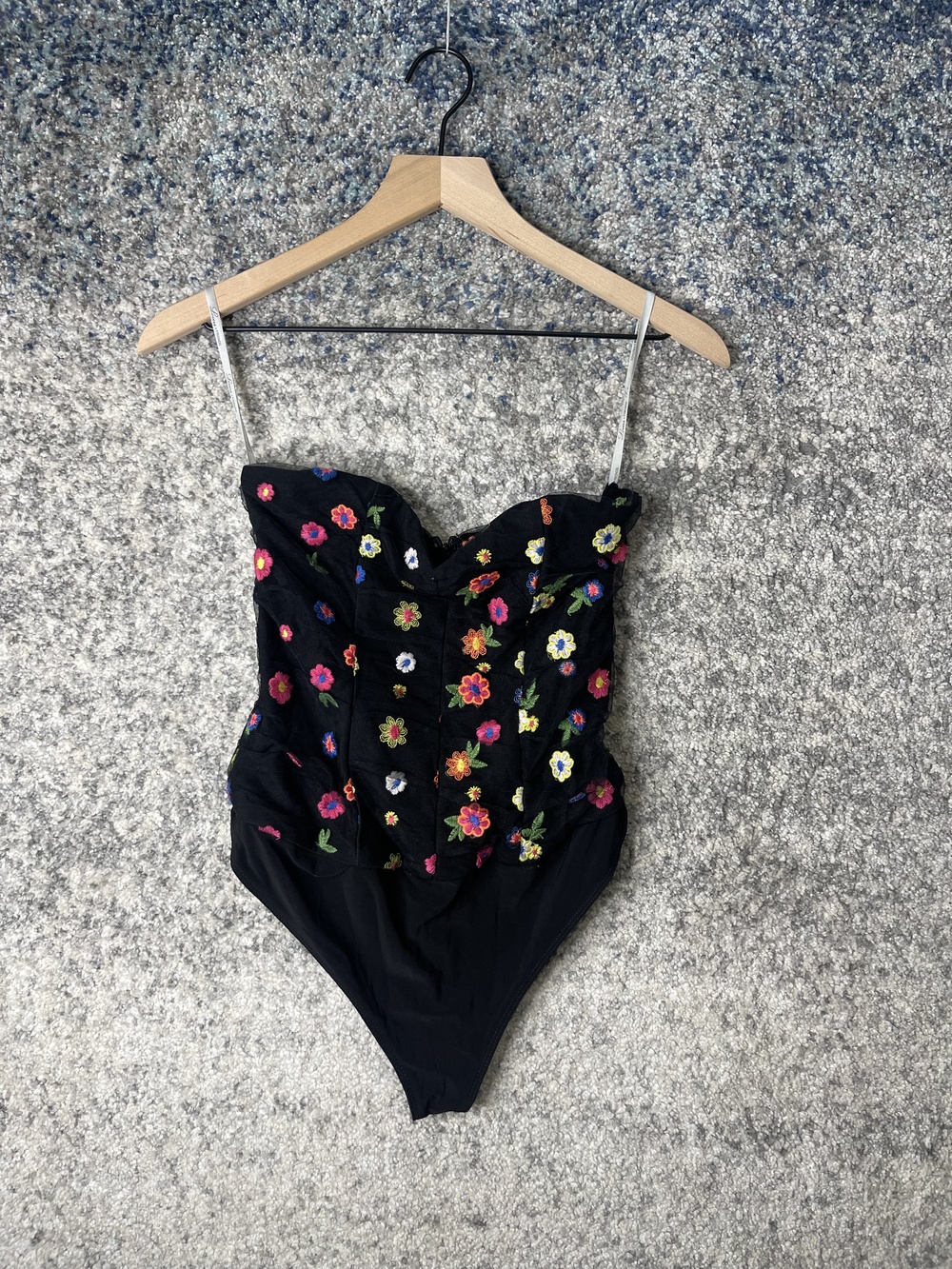 Lovers + Friends Bodysuit Womens Small Floral Embroidered Strapless Ruched Top